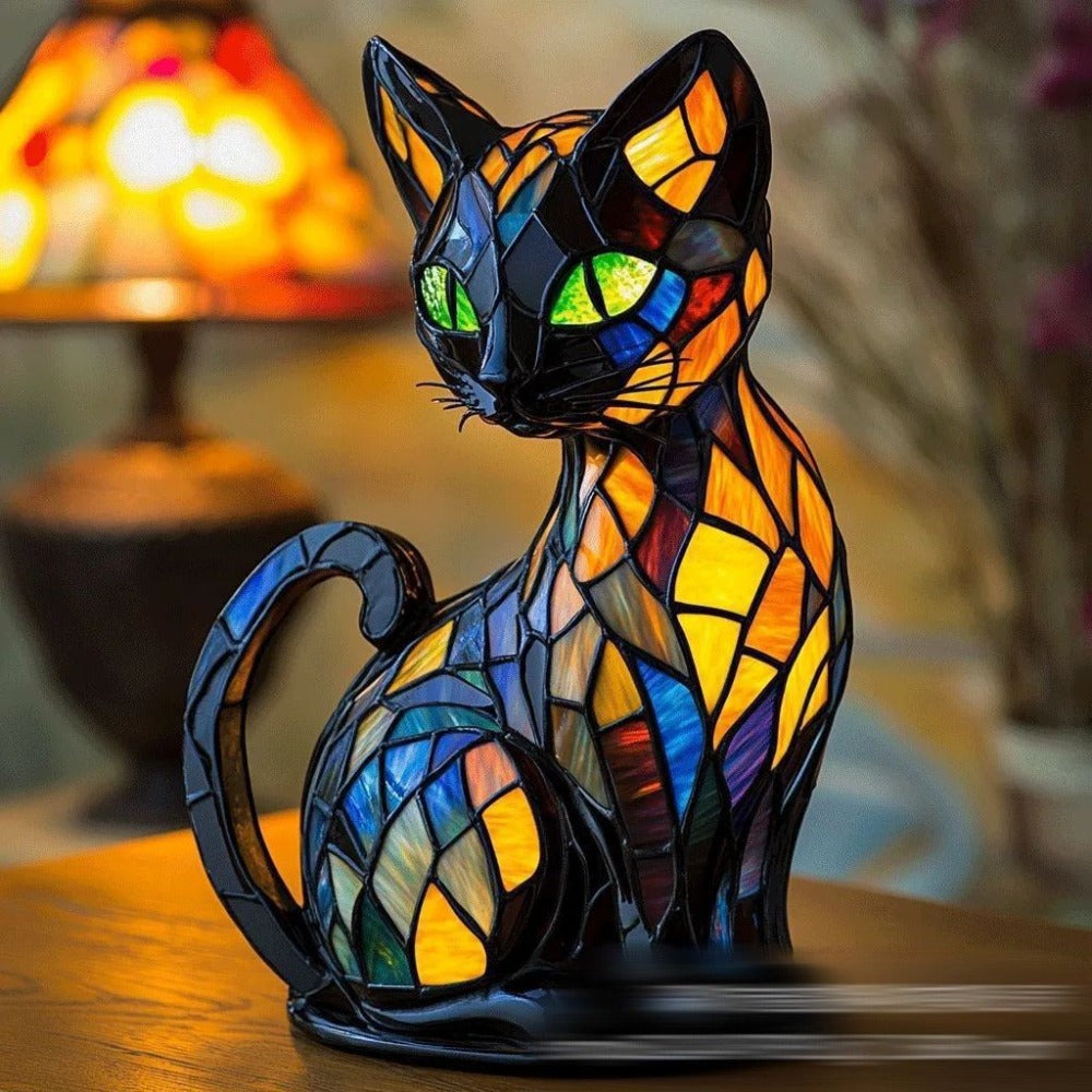 Stained Resin Cat Lamp – Artistic Tiffany-Style Figurine Light with Warm Glow